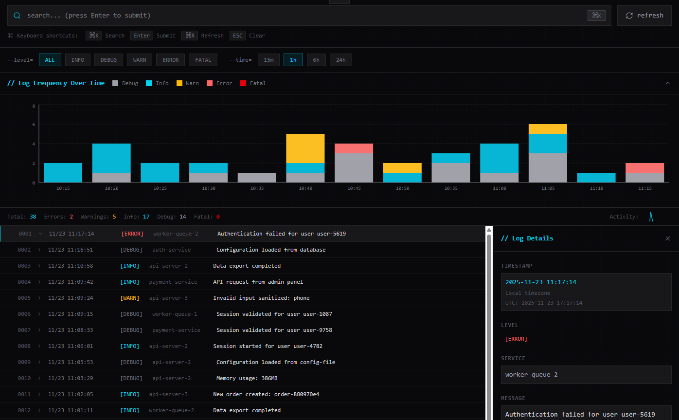 LogScout dashboard showing real-time log streaming and search interface